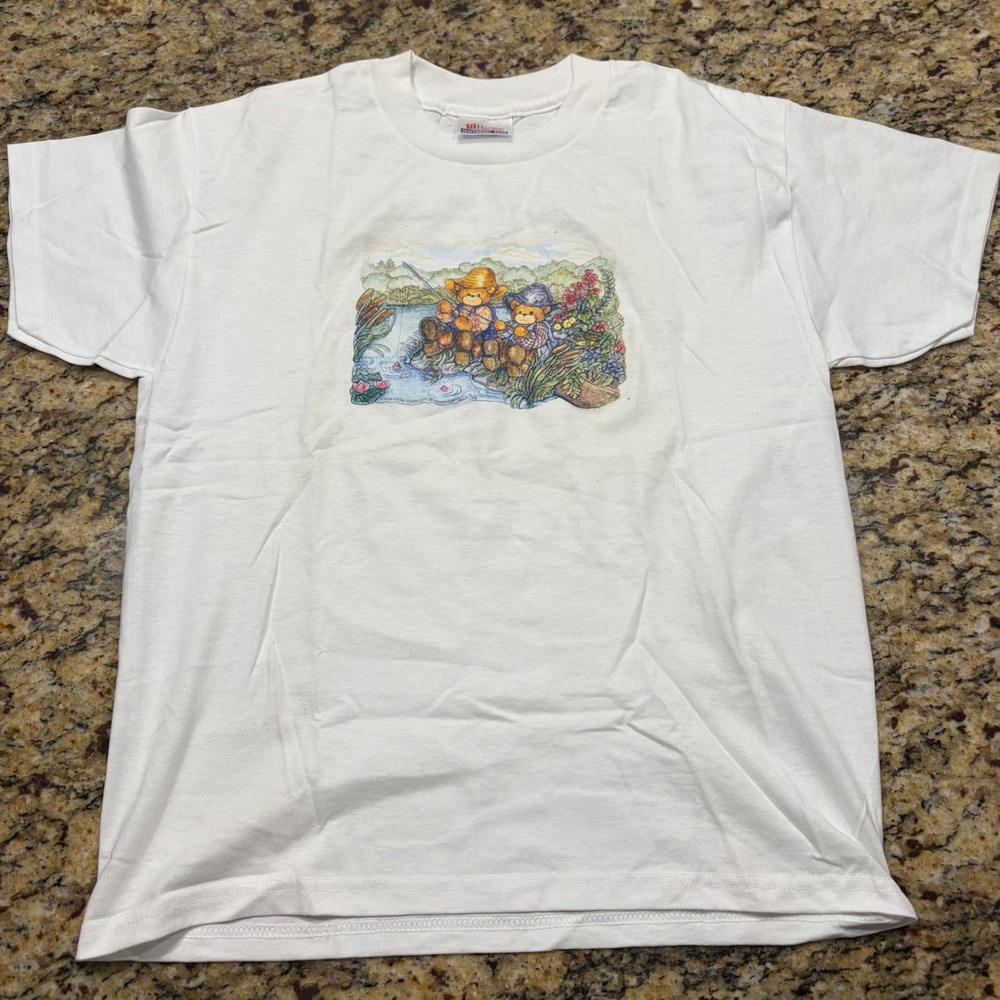 Vintage Hanes Heavyweight 50/50 White Fishing Teddy Bears Graphic T-Shirt L v